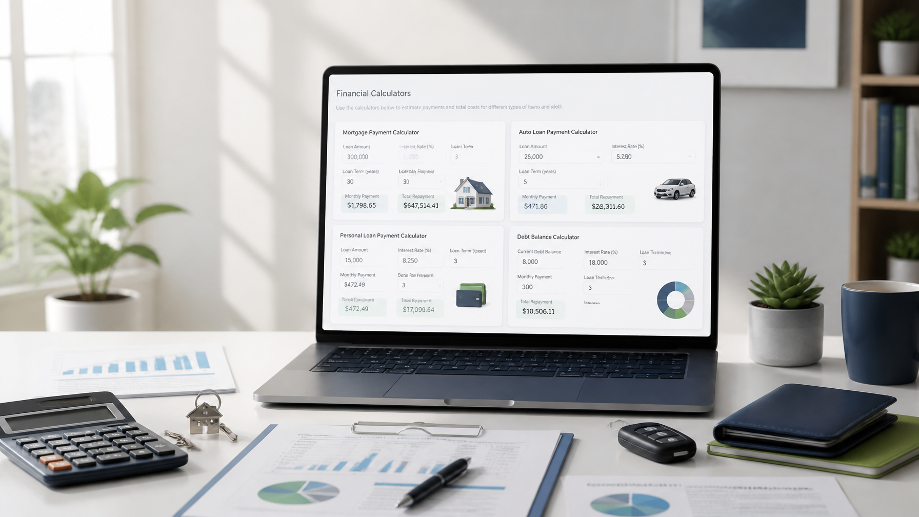 Financial calculators for estimating loans, payments, and interest costs