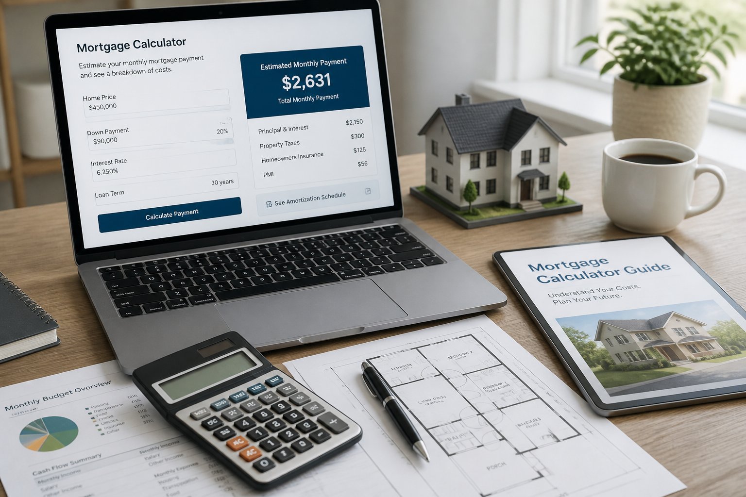 Mortgage calculator for estimating monthly home loan payments and costs