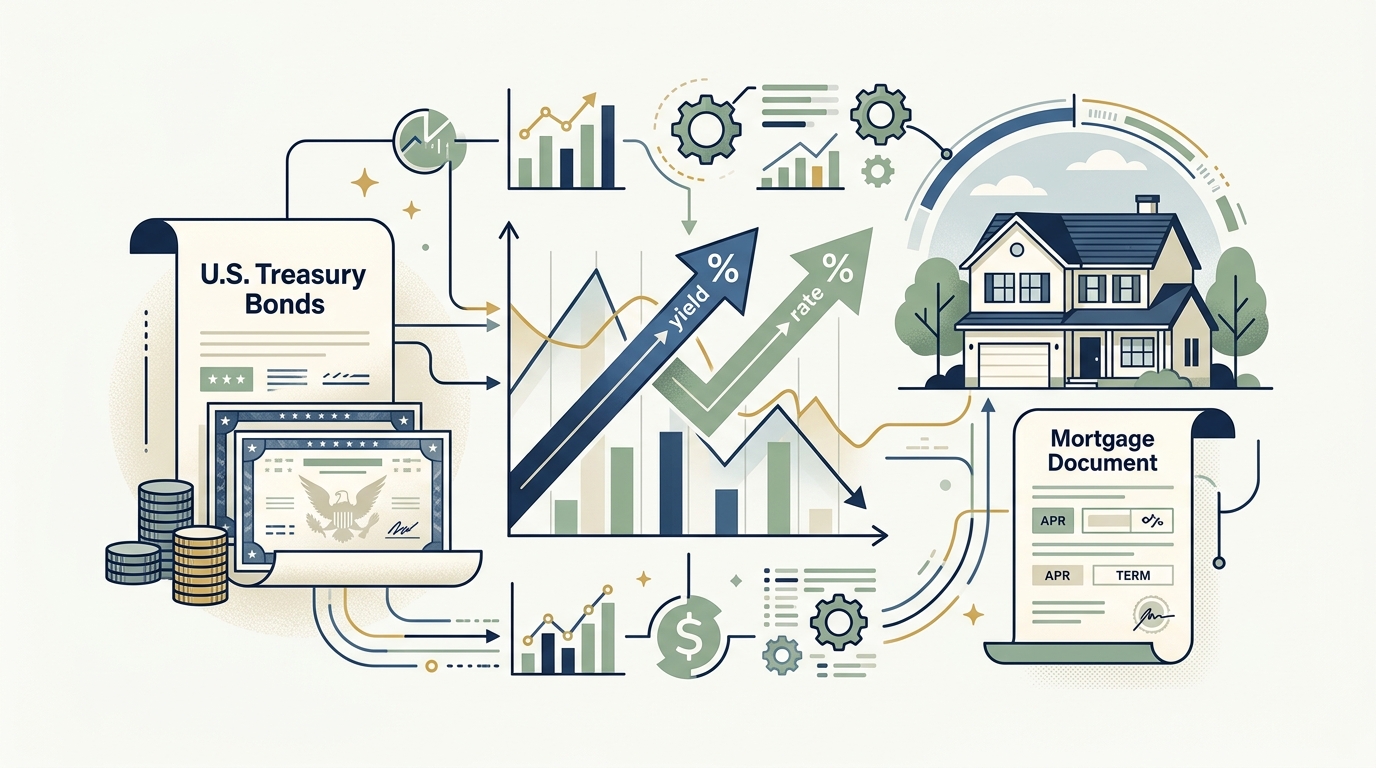 Editorial illustration connecting U.S. Treasury bonds, rising yield graphs, a suburban house, and a mortgage document to depict bond market impact on mortgage rates.
