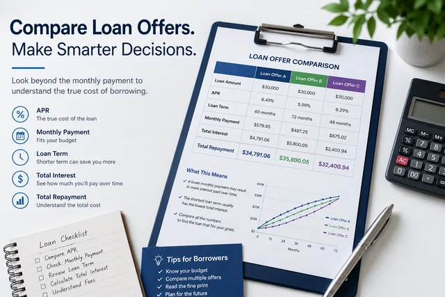 Loan offer comparison showing APR, monthly payment, loan term, and total interest