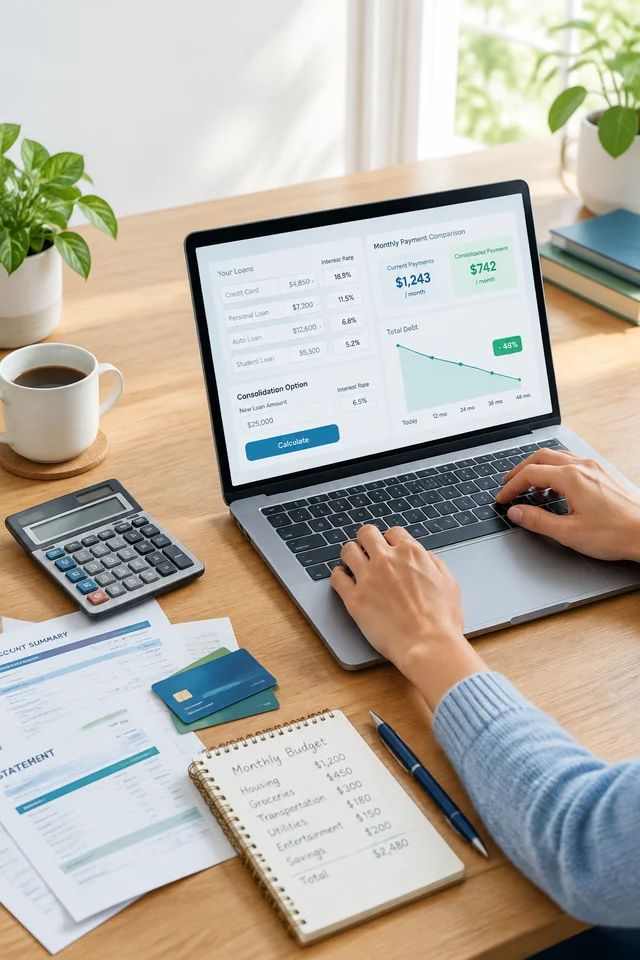 Debt consolidation calculator comparing monthly payments and total interest